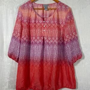 Catherines Blouse 0X 14 16 Pink Orange Abstract Print Flowy Sheer Button Popover